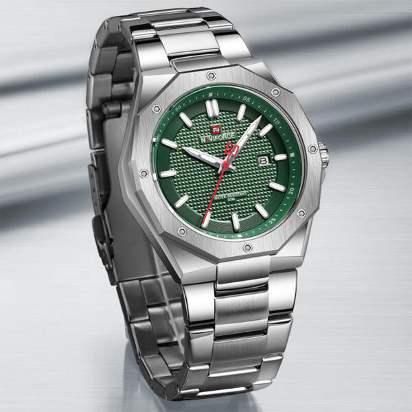 NAVIFORCE NF9200 Men's Quartz Polygon Vogue Stainless Steel Date Function Watch - Silver/Green