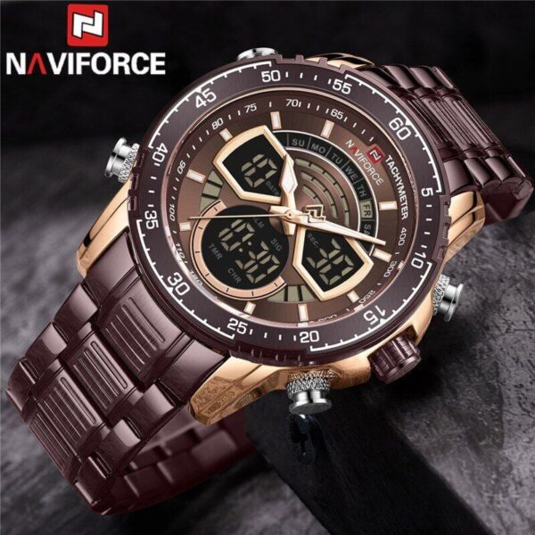 NAVIFORCE NF9189 Stainless Steel Dual Movement Digital Analog Dark Night Display Quartz Watch For Men - Coffee