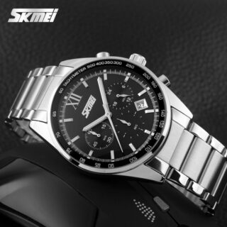 SKMEI 9096 Men's Business Full Stainless Steel Analog Date Display Chronograph Wristwatch - Silver/Black