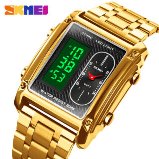 SKMEI 1868 Men Watch Casual Rectangle Dial Stopwatch Digital Analog Luminous Stainless Steel - Golden