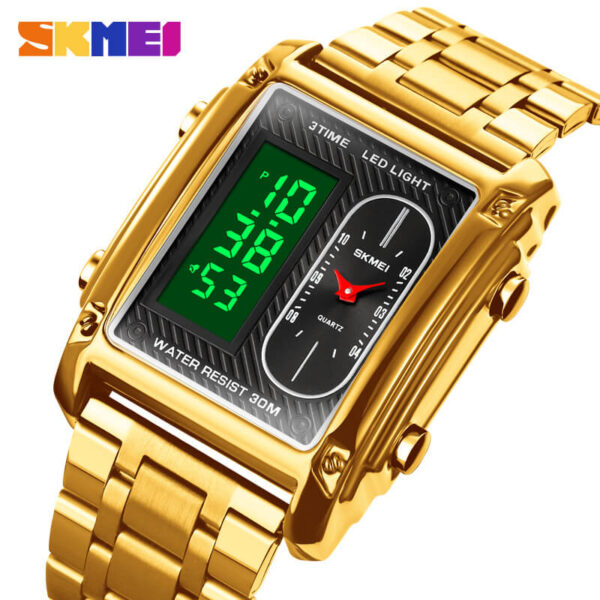 SKMEI 1868 Men Watch Casual Rectangle Dial Stopwatch Digital Analog Luminous Stainless Steel - Golden