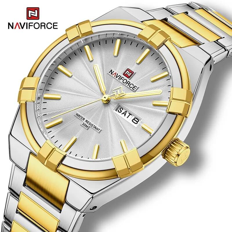 NaviForce NF9218 Fashion Simple Elegant Day Date Watch For Men - Golden/Silver