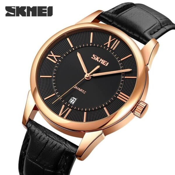 SKMEI 9261 Business Roman Numeral Classic Date Display Leather Strap Watch For Men - RoseGold/Black