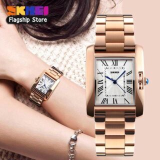 SKMEI 1284 Women Watch Fashionable Rectangle Dial Roman Numeric Index Design Stainless Steel Analog - RoseGold