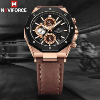 NaviForce NF8028 Men's Hexagon Dial Chronograph Complete Calendar Luminous Leather Strap Watch - Brown