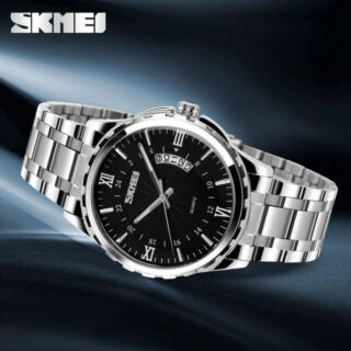 SKMEI 9069 Men Watch Business Quartz Stainless Steel Roman Numeral Index Date Display - Silver/Black