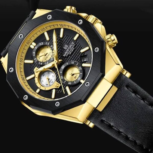 NaviForce NF8028 Men's Hexagon Dial Chronograph Complete Calendar Luminous Leather Strap Watch - Golden/Black