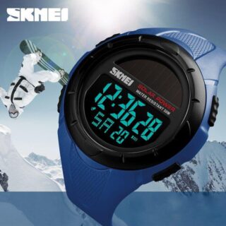 SKMEI 1405 Solar Power LED Digital 50M Waterproof PU Band Date Week Display Luminous Men’s Digital Wristwatch - Blue