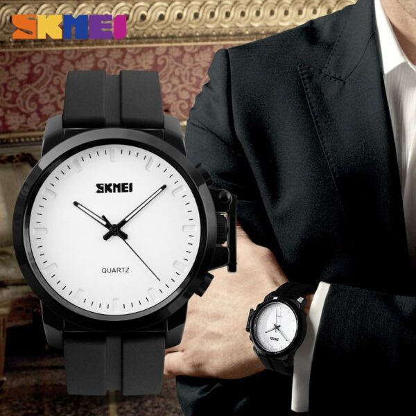 SKMEI 1208 Men's Business Style Simple Large Dial Waterproof Silicone Strap Quartz Watch - Black/White