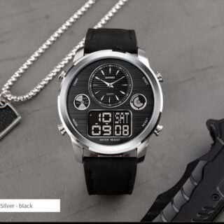 SKMEI 1653 Men Watch World Time Dual Display Movement LED Electronic Multifunction Leather Strap - Black/Silver