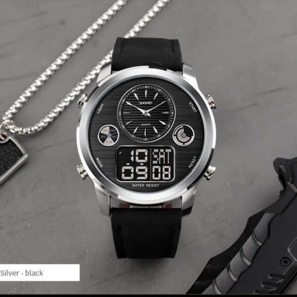 SKMEI 1653 Men Watch World Time Dual Display Movement LED Electronic Multifunction Leather Strap - Black/Silver