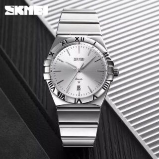 SKMEI 9257 Business Casual Roman Numeral Date Display Stainless Steel Wristwatch For Men - Silver