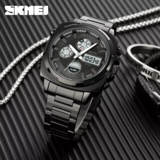 Skmei 1673 Business Dual Display Men Watch Stainless Steel Multifunction Fashion LED Light - Black/White