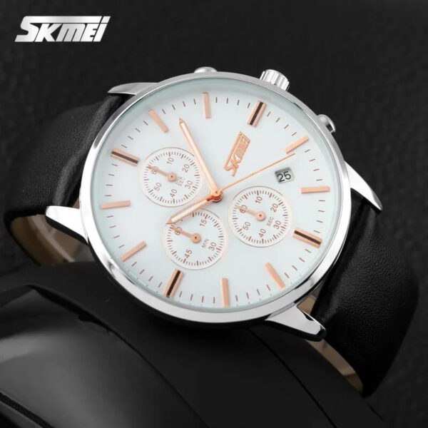 SKMEI 9103 Men's Classic Casual Chronograph Leather Strap Multifunction Date Indicator Quartz Watch - Black/White