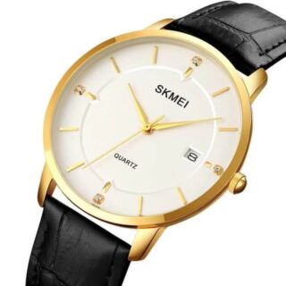 SKMEI 1801 Men's Business Calendar Leather Strap Classic Diamond Quartz Watch - Golden/White