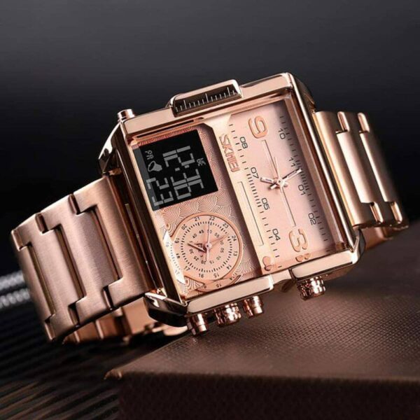 SKMEI 1584 Men's Multifunction Square Dial Digital Analog LED Chronograph Stainless Steel Wristwatch - RoseGold