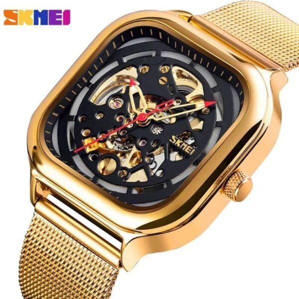 Skmei 9184 Mechanical Square Dial Stainless Steel Watch For Men - Black/Golden