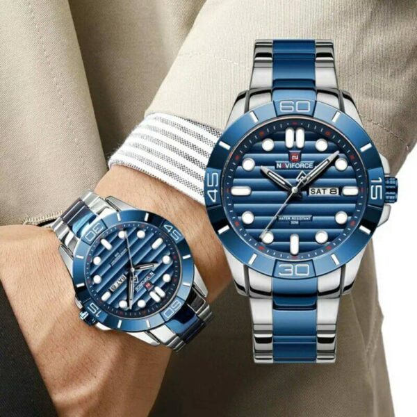 NAVIFORCE NF9198 Casual Quartz Luminous Date Week Stainless Steel Watch For Men - Silver/Blue