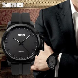 SKMEI 1208 Men's Business Style Simple Large Dial Waterproof Silicone Strap Quartz Watch - Black