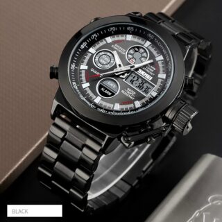 SKMEI 1515 Dual Time Multi-Functional Large Dial Stainless Steel Watch - Black