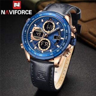 NAVIFORCE NF9197 New Men's Business Day Date Function Analog Digital Leather Strap Wristwatch - Blue