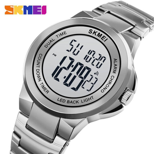 SKMEI 1712 Digital 2 Time Stainless Steel Fashion LED Waterproof Watch For Men - Silver