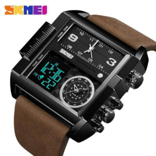 SKMEI 1391 Men's Multifunction Big Dial Square Digital Analog LED Chronograph Leather Strap Wristwatch - Black/Brown