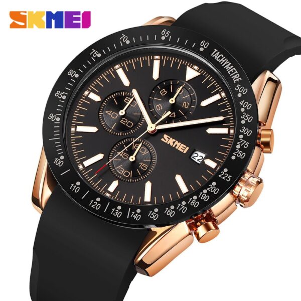 SKMEI 9253 Men's Top Luxury Chronograph Multifunction Silicone Strap Quartz Movement Watch - Rosegold/Black