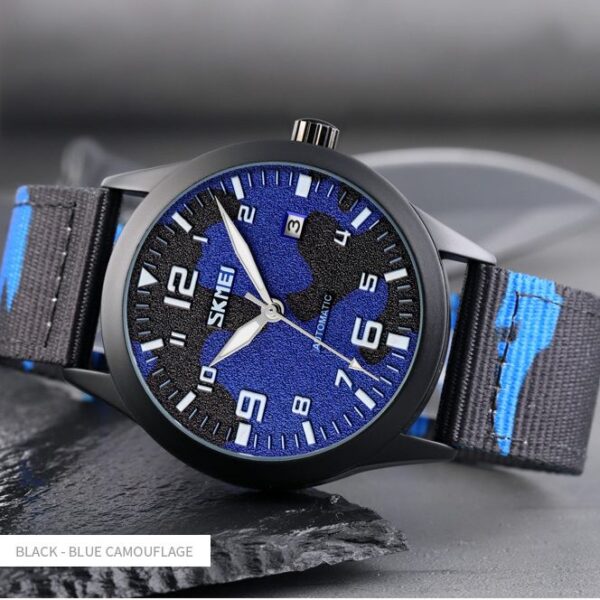 SKMEI 9246 Men Watch Automatic Mechanical Hollow Dial Luminous Nylon Strap Date Display - Camuoflage Blue