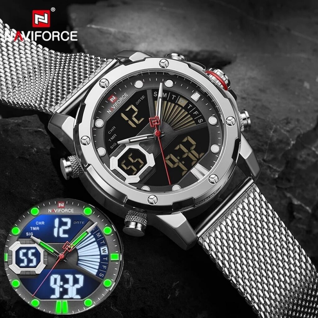 NaviForce NF9172 Dual Time Digital Analog Stainless Steel Mesh Watch ...