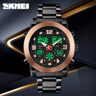 SKMEI 1642 Men's Business Chronograph LED Digital Analog Stainless Steel Wrist Watch - Black/RoseGold