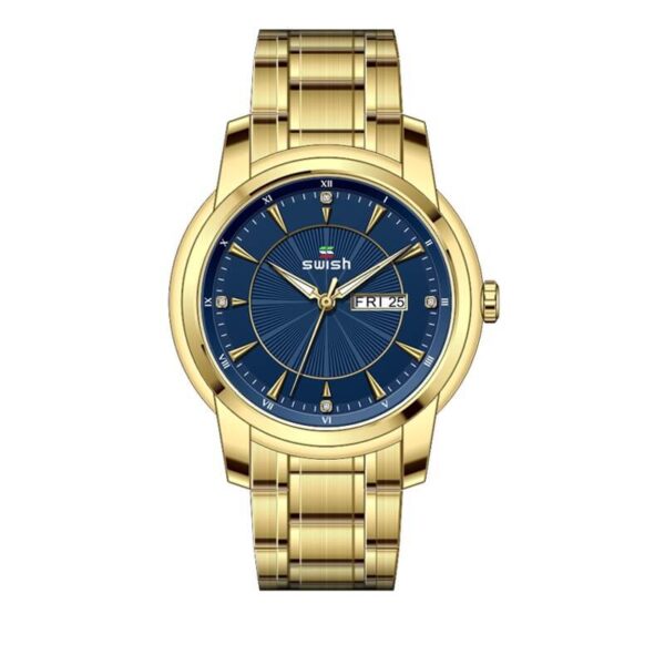 SWISH SW0107 Business Complete Calendar Diamond Stainless Steel Quartz Watch For Men - Golden/Blue