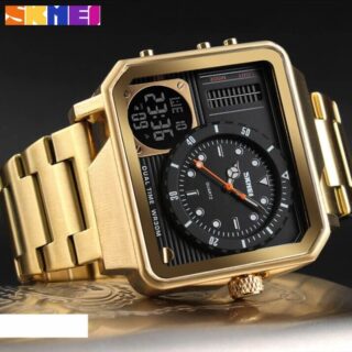 SKMEi 1392 Multifunction Digital Analog Square Stainless Steel Fashion Watch For Men - Golden