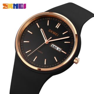 SKMEI 1747 Women's Top Luxury Round Dial Date Day Display Silicon Strap Quartz Moment Watch - Black