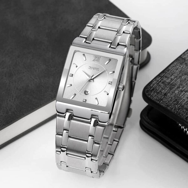 SKMEI 9263 Luxury Men Watch Rectangle Shape Date Display Stainless Steel Quartz Watch - Silver