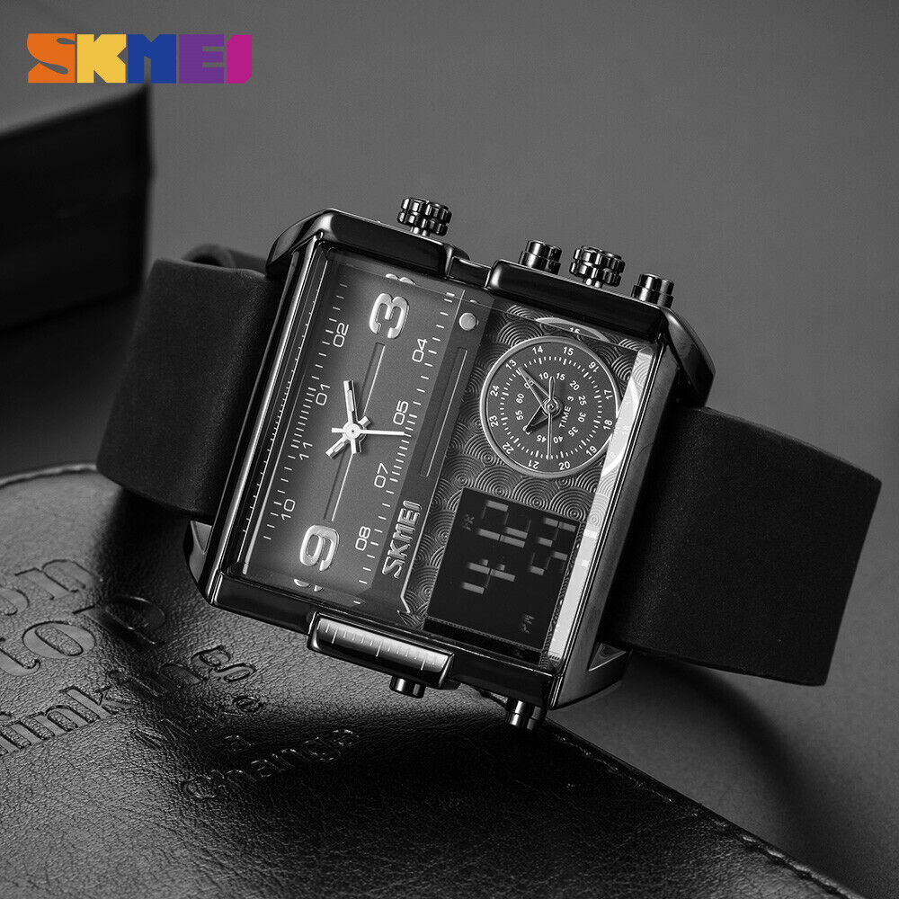 SKMEI 1584 Men's Multifunction Square Dial Digital Analog LED Chronograph Leather Strap Wristwatch - Black