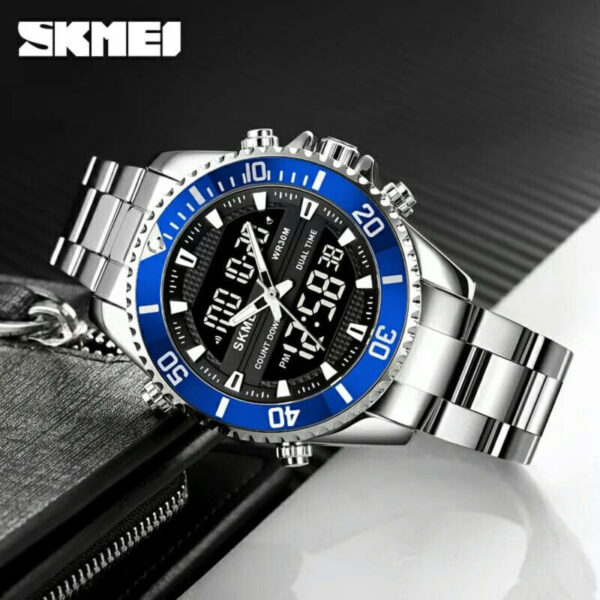 SKMEI 1850 Multifunction 3Time Analog Digital Stainless Steel watch For Men - Silver/Blue