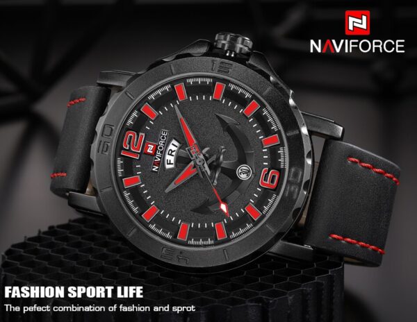 NAVIFORCE Nf9122 Militiary Sports Leather Wrist Watch For Men- Red/Black