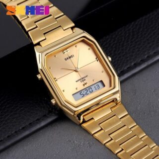 SKMEI 1612 Casual Digital Analog Slim Dial Stainless Steel Watch For Men - Golden