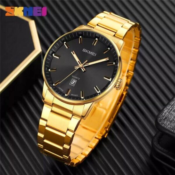 SKMEI 1878 Casual Date Display Stainless Steel Quartz Wristwatch For Men - Golden