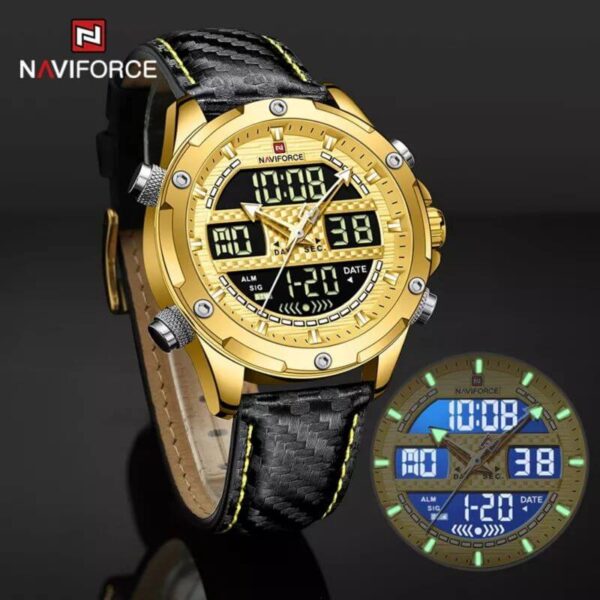 NaviForce NF9194 Multifunction Digital Analog LCD Leather Strap Complete Calendar Wristwatch For Men - Golden/Black