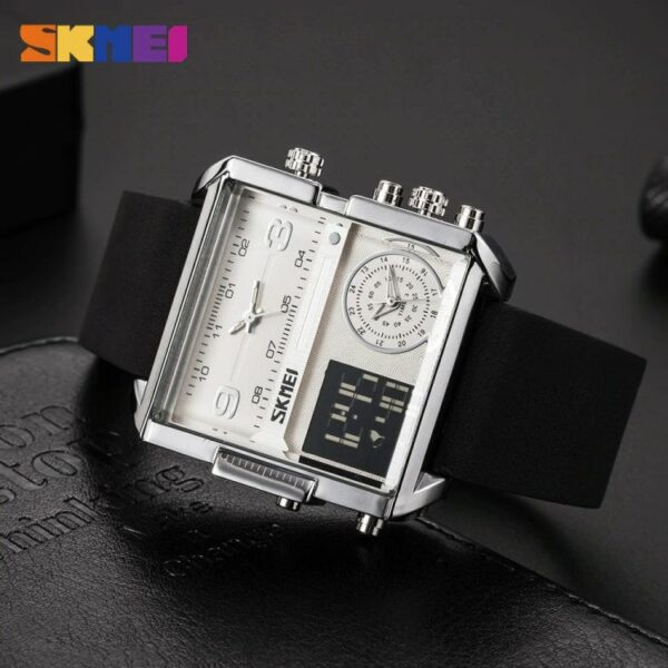 SKMEI 1584 Men's Multifunction Square Dial Digital Analog LED Chronograph Leather Strap Wristwatch - Black/Silver