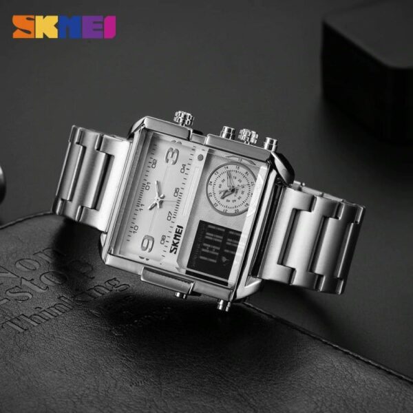 SKMEI 1584 Men's Multifunction Square Dial Digital Analog LED Chronograph Stainless Steel Wristwatch - Silver