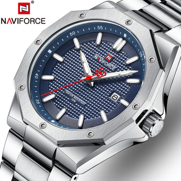 NAVIFORCE NF9200 Men's Quartz Polygon Vogue Stainless Steel Date Function Watch - Silver/Blue