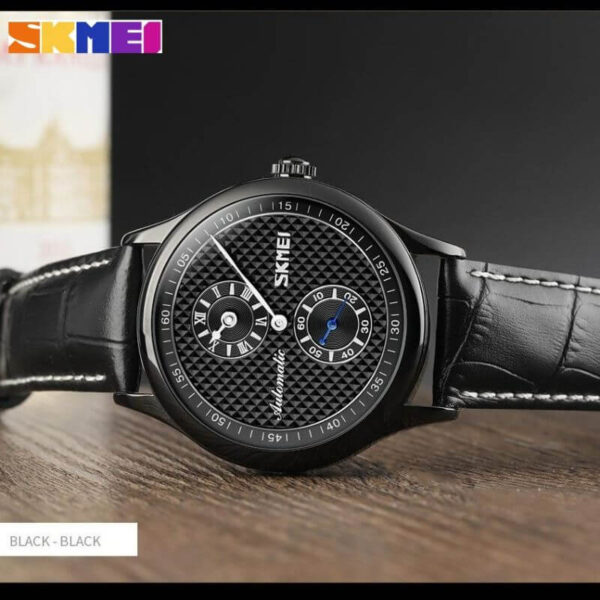 SKMEI 9238 Automatic Mechanical Business Chronograph Leather Strap Watch For Men - Black