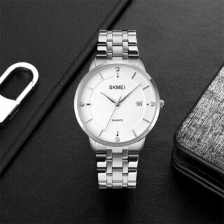 SKMEI 1801 Men's Business Calendar Stainless Steel Classic Diamond Quartz Watch - Silver