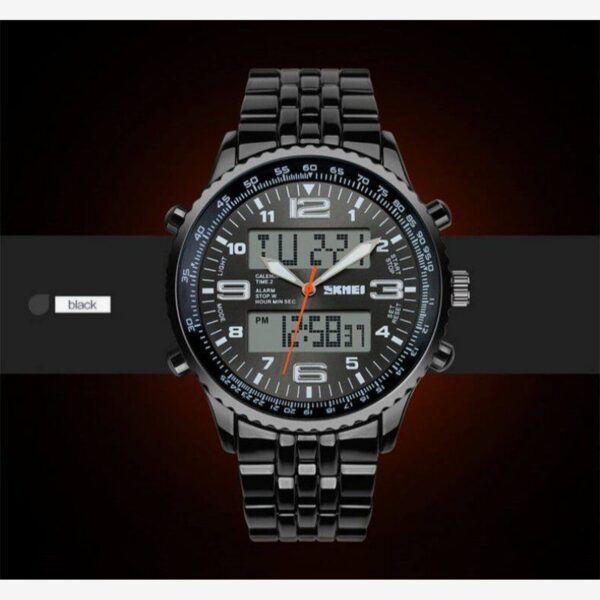 Skmei 1032 LED Dual Display Alarm Chrono Calendar WaterproofFull Stainless Steel Watch For Men - Black