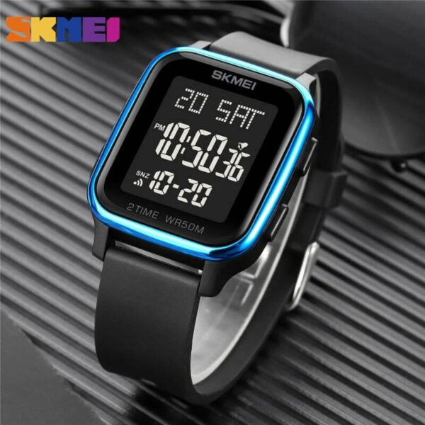 SKMEI 1858 Fashion LED Light Digital Rectangle Shape Complete Calendar Wristwatch For Men - Blue/Black