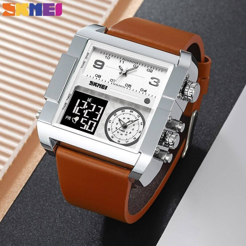 SKMEI 1391 Men's Multifunction Big Dial Square Digital Analog LED Chronograph Leather Strap Wristwatch - White/Brown