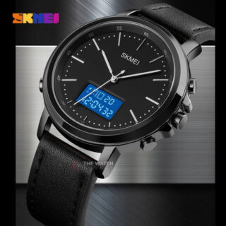 Skmei 1652 Men's Casual Dual Movement LED Light Display Leather Strap Wristwatch - Black